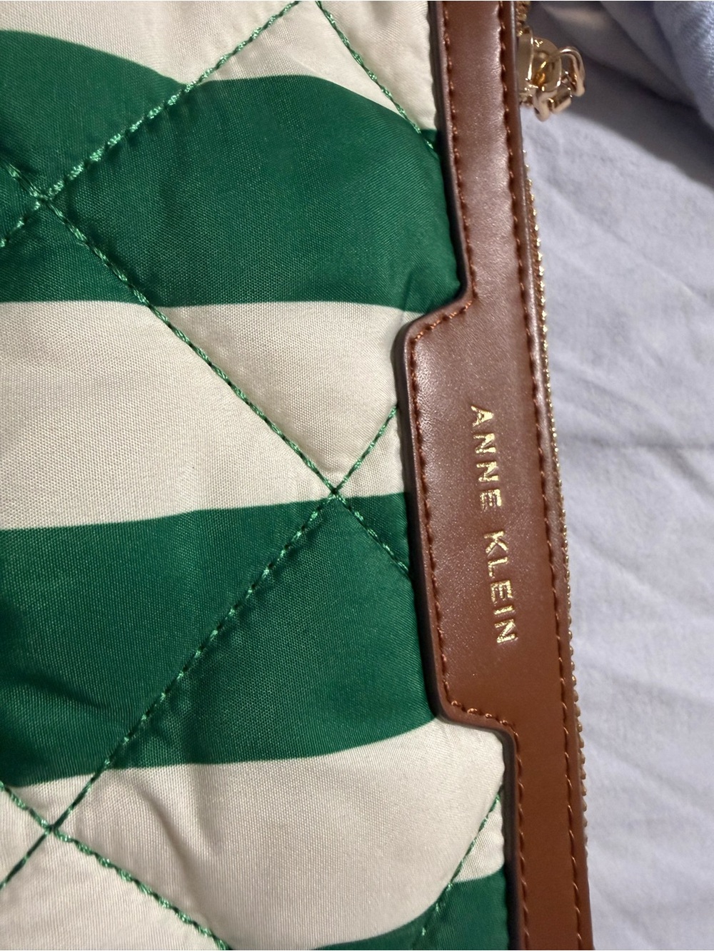 Anne Klein Green Cream Striped Quilted Wristlet Clutch Bag